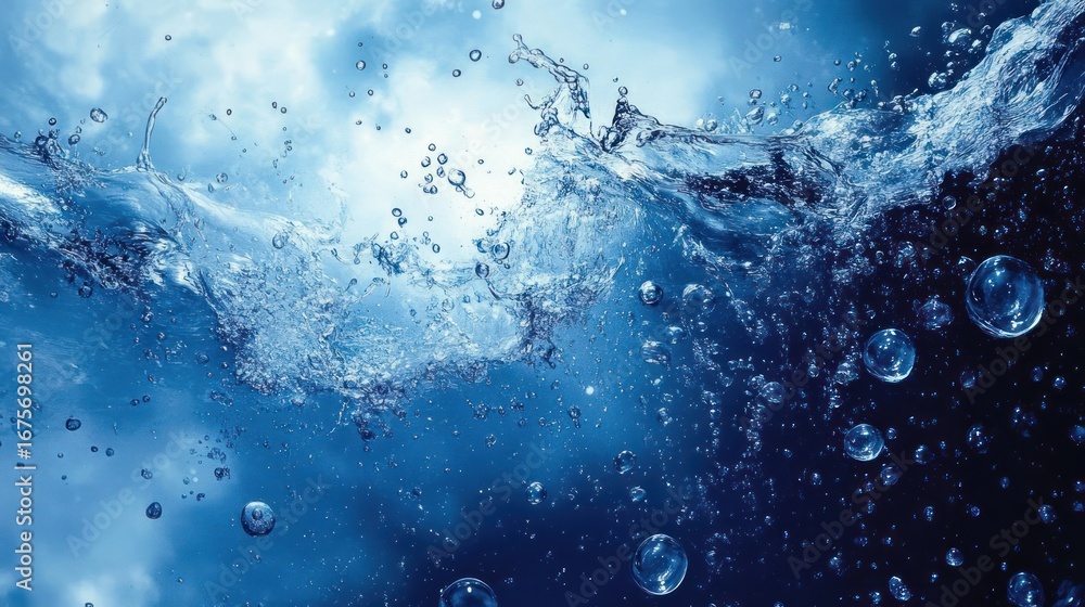 Poster dynamic underwater scene with bubbles and splashes creating a lively and refreshing effect in blue w