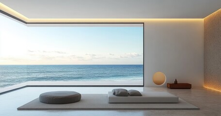 Fototapeta premium Minimalist modern interior room with low seating cushions and large floor-to-ceiling windows overlooking a calm ocean under a clear sky at sunset