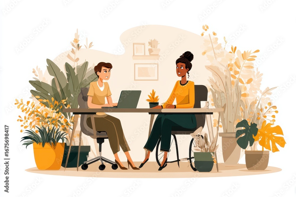 Poster Manager and neurodiverse employee engaging in a constructive discussion during a collaborative meeting in a vibrant office setting filled with plants