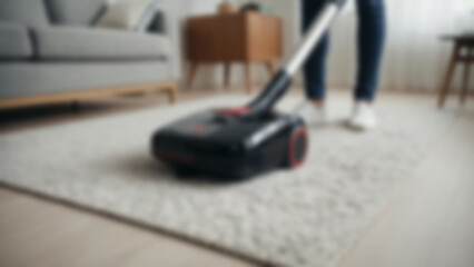 Blurry photo of a vacuum cleaner being used to clean the living room floor, blurry wallpaper.