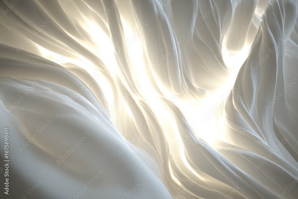 Poster illuminated white light swirling through abstract formations amidst smooth textures creating a tranq