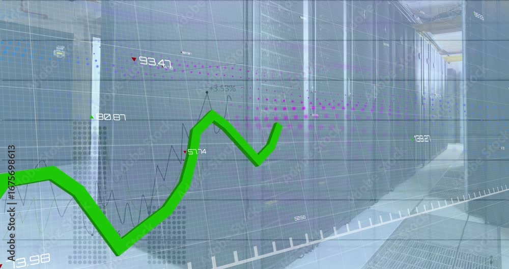 Poster animation of growth graph over increasing numbers and dots forming graph over server room