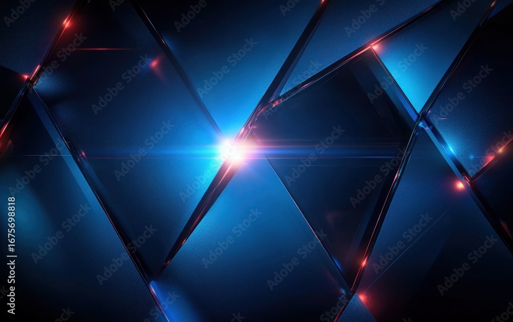 Poster abstract close-up of transparent geometric glass shapes with blue and red lighting and lens flare cr
