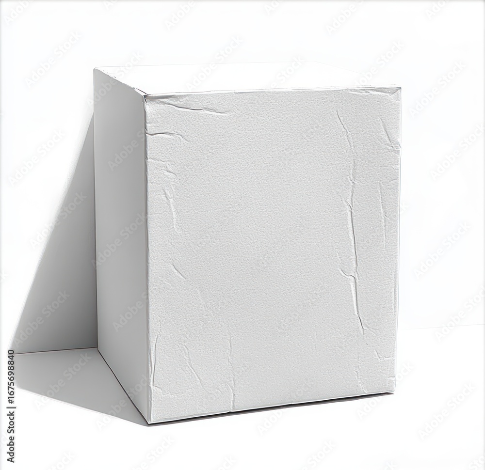 Poster plain white rectangular box with visible creases casting a shadow on a white surface, suggesting min