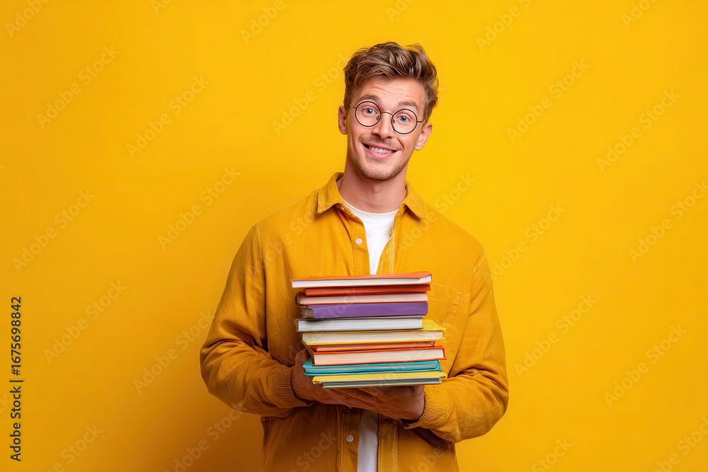 Poster young student smiles while holding a stack of colorful books against a bright yellow background duri