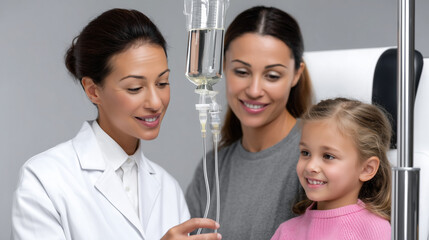 Female doctor checking IV drip with smiling mother and child