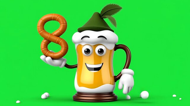 Cheerful Beer Stein Mascot Holding a Pretzel on Green Screen