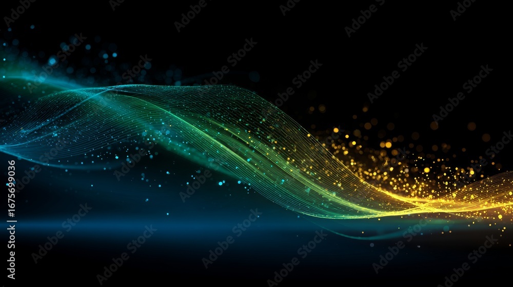 Poster abstract digital background with flowing blue and green lines and glowing yellow particles, represen