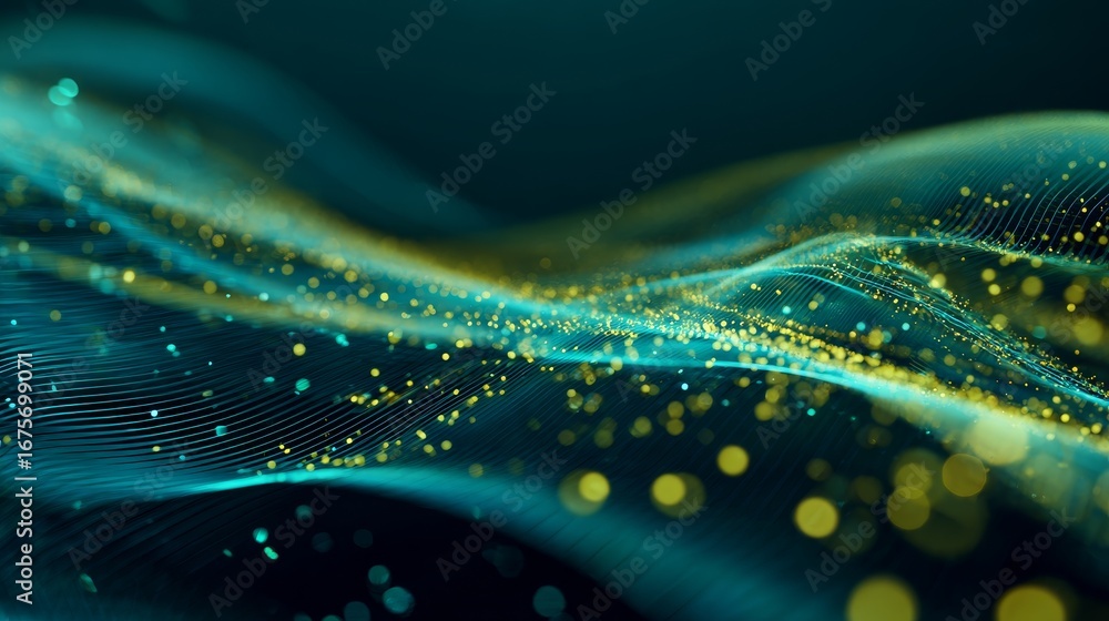 Poster abstract digital background with flowing blue and green lines and glowing yellow particles, represen