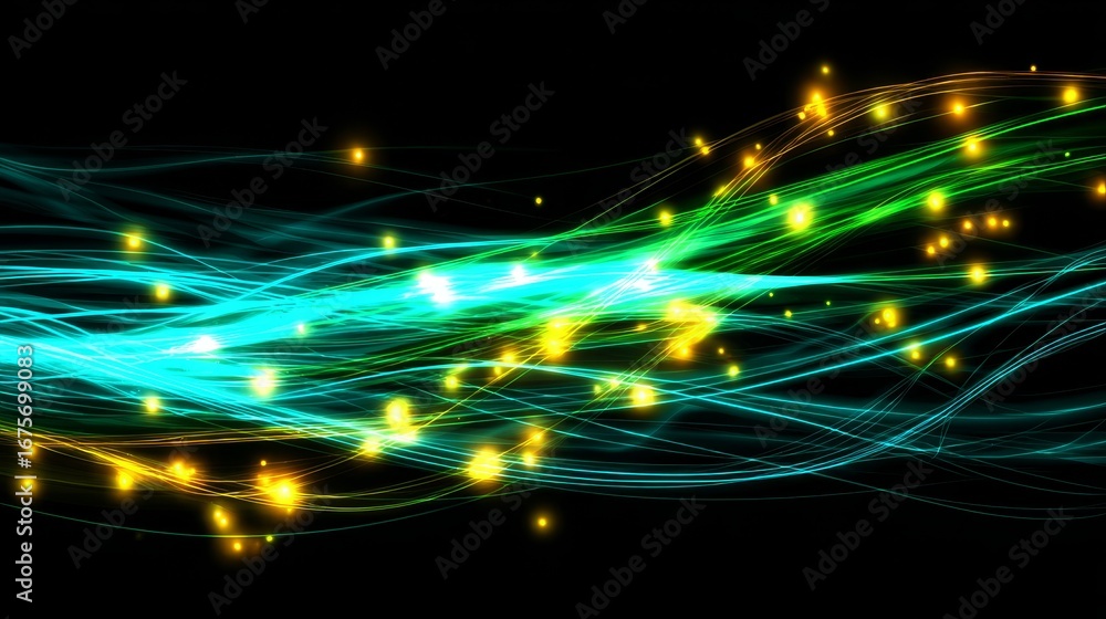 Poster abstract digital background with flowing blue and green lines and glowing yellow particles, represen
