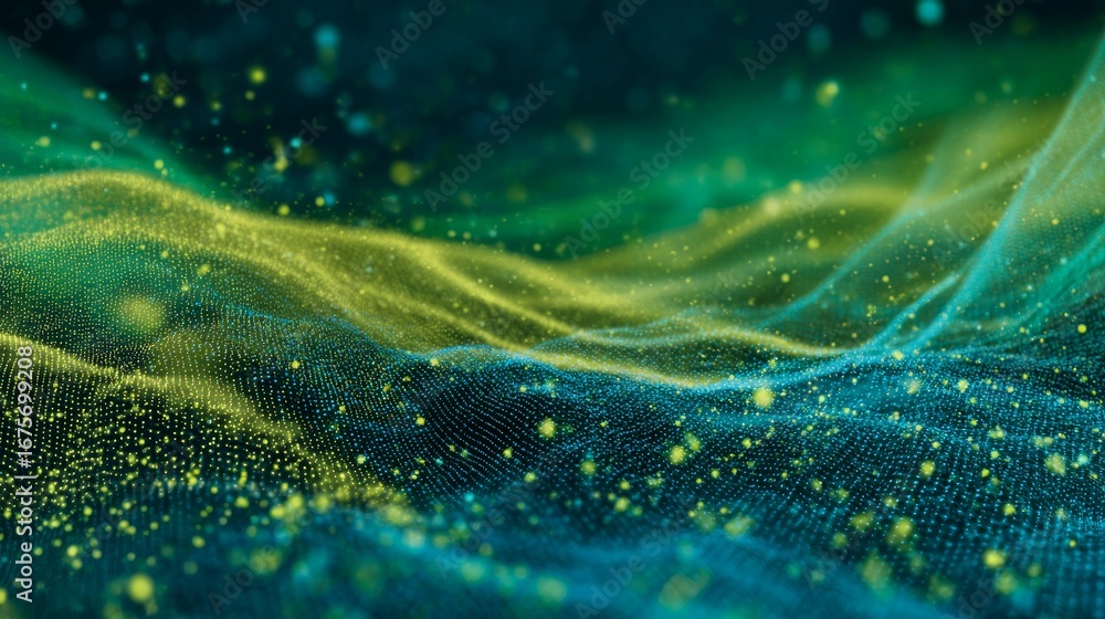 Poster abstract digital background with flowing blue and green lines and glowing yellow particles, represen