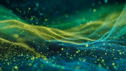 Abstract digital background with flowing blue and green lines and glowing yellow particles, representing data flow, neural networks, and technological innovation in a dynamic digital space