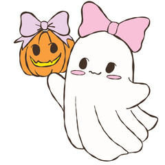 Halloween cute ghost with pink bow holding smiling pumpkin lantern, kawaii illustration clipart design for fun seasonal cartoon artworks
