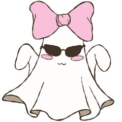 Halloween cute ghost with pink bow holding smiling pumpkin lantern, kawaii illustration clipart design for fun seasonal cartoon artworks