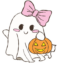 Sweet kawaii ghost with pumpkin lantern and pink bow, cute Halloween clipart character illustration for festive seasonal design projects