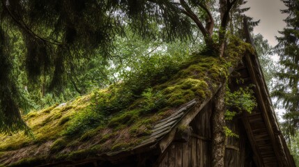 Fototapeta premium A moss-covered roof in a retro style, nestled in the heart of a wilderness area. The green moss creates a vintage aesthetic, blending nature and architecture in a peaceful, natural setting