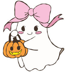 Cute Halloween ghost illustration with pink bow holding pumpkin lantern, kawaii cartoon character design for holiday celebration decoration clipart