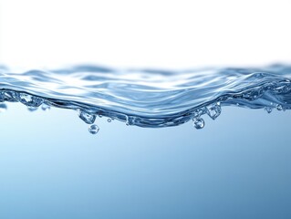Close-up image of clear water surface with drops and gentle waves reflecting light against a bright background