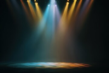 Obraz premium Theater stage illuminated by colorful spotlights with a dark background showcasing a vibrant atmosphere for performances and events