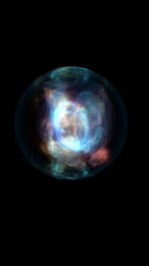 Abstract glowing sphere with swirling light patterns in blue and red hues against a black background