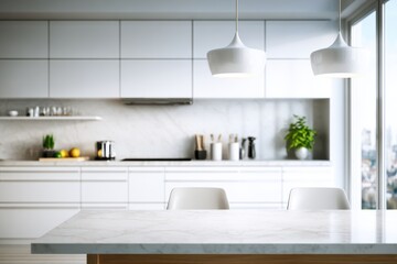 Fototapeta premium Bright modern kitchen with clean lines and a minimalist design featuring white cabinetry and a marble countertop, perfect for cooking and casual dining