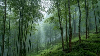 Fototapeta premium A peaceful shot of a lush bamboo grove with a gentle mist filtering through the trees, creating a soft and ethereal feel with natural light.