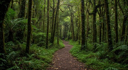 Obraz premium Emerald Sanctuary: A Winding Trail Through a Mossy, Ancient Rainforest.