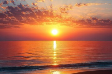 Obraz premium Vibrant orange and yellow sunset over calm ocean waters with scattered clouds reflecting light, serene and peaceful beach scene