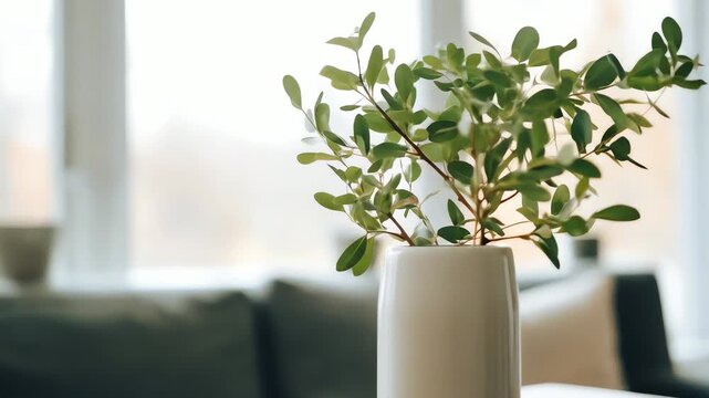 A white vase holding a plant with green leaves sits on a table