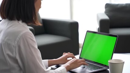 Woman using laptop with green screen outdoors, great for showcasing digital design, online work, technology concepts in natural light. - Powered by Adobe
