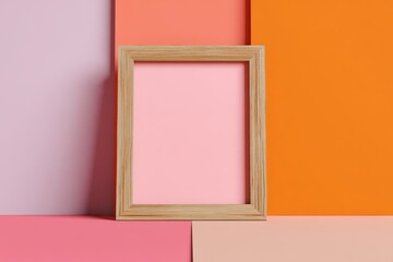 Wooden frame mockup positioned against colorful pink and orange backgrounds for creative display and artistic presentation in a modern setting