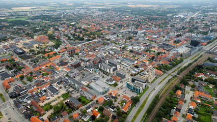 Aerial panorama of the downtown of the city Herning in Denmark on a sunny summer day.