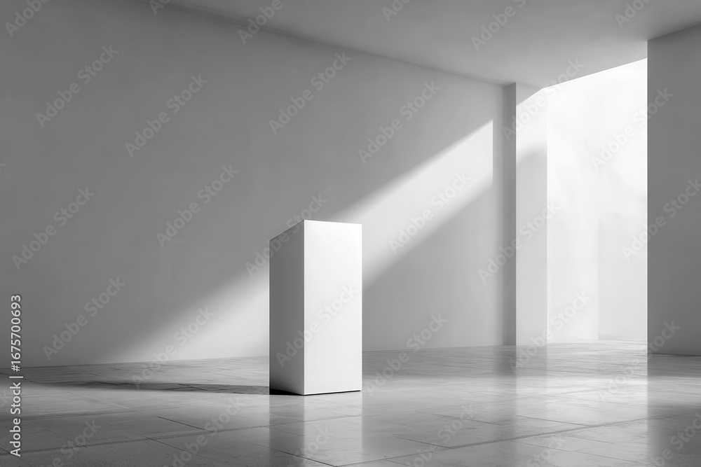 Poster white podium stands alone in a minimalistic white room with natural light streaming through the wind
