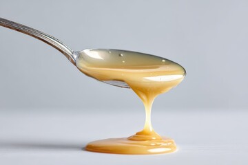 Condensed milk dripping elegantly from a silver spoon highlighting creamy texture against a subtle backdrop in a brightly lit setting