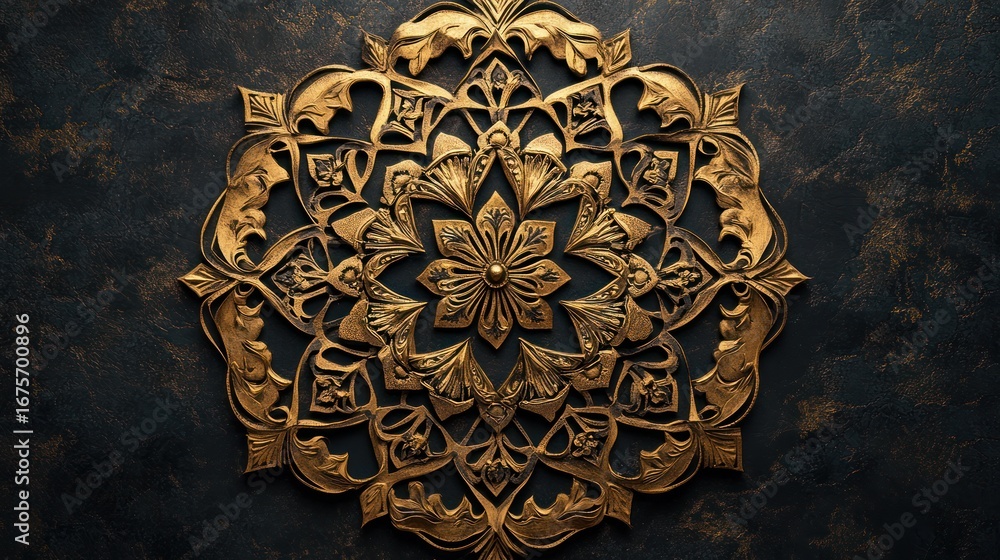 Poster Ornate gold medallion on dark background. Decorative design.  Possible use Background for branding, website header image