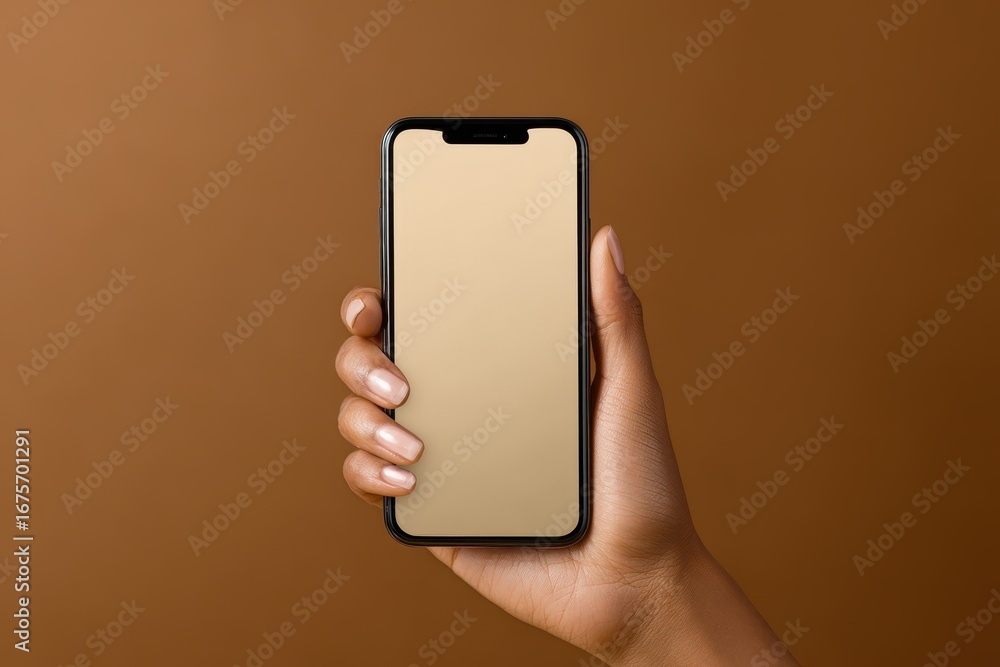 Poster hand holding a smartphone mockup with blank screen against a warm brown background showcasing modern