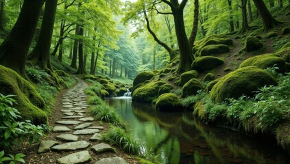Obraz premium A lush green forest path winds beside a stream, mossy rocks and verdant foliage abound in nature.