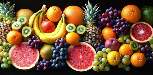 Colorful assortment of fresh fruits including bananas, pineapples, watermelons, grapes, kiwis, oranges, and pears displayed against a dark background