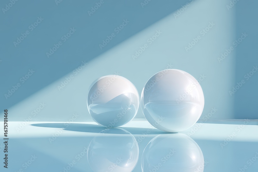 Aufkleber glossy white spheres placed on a reflective surface create a serene and minimalistic composition wit