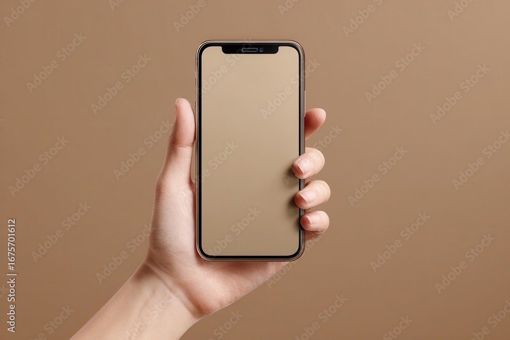 Poster hand holding a smartphone mockup displaying a blank screen against a warm, neutral background in a m