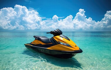 yellow and black jet ski floating on clear turquoise ocean water under a blue sky with fluffy white clouds