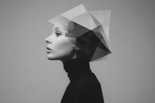 Surreal black and white portrait of a female figure featuring geometric shapes in a low resolution, emphasizing abstract beauty and modern artistry