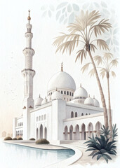 Naklejka premium White Mosque with Palm Trees Soft Minimal Architecture Illustration