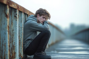 Young man in gray hoodie and black pants sitting alone on a rusty metal bridge railing looking pensive and contemplative in a misty environment