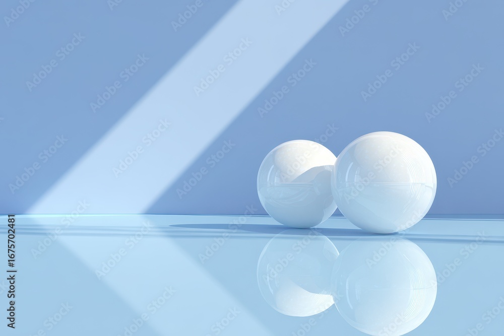 Poster glossy white spheres create a modern display while reflecting light on a serene blue background, cap