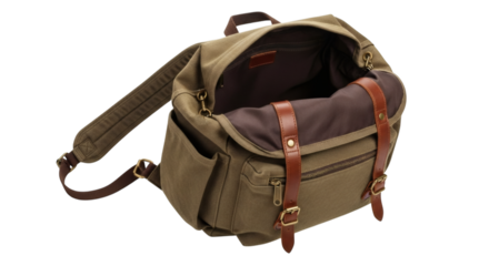 Open olive green canvas backpack with brown leather straps, ready for adventure on a black background