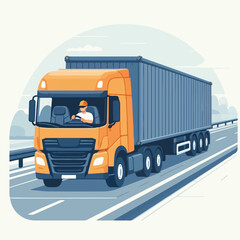 Big truck driver on the highway with a simple and minimalist flat design using a white background