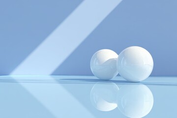 Glossy white spheres create a modern display while reflecting light on a serene blue background, capturing a moment of simplicity and elegance in an artistic setting