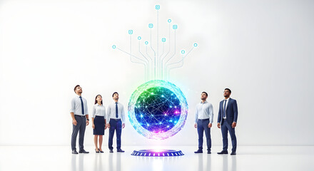 Fototapeta premium Business People Looking at Glowing Digital Globe in Studio