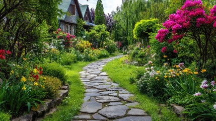Fototapeta premium Beautiful Garden Pathway Surrounded by Colorful Flowers and Lush Greenery in a Residential Area